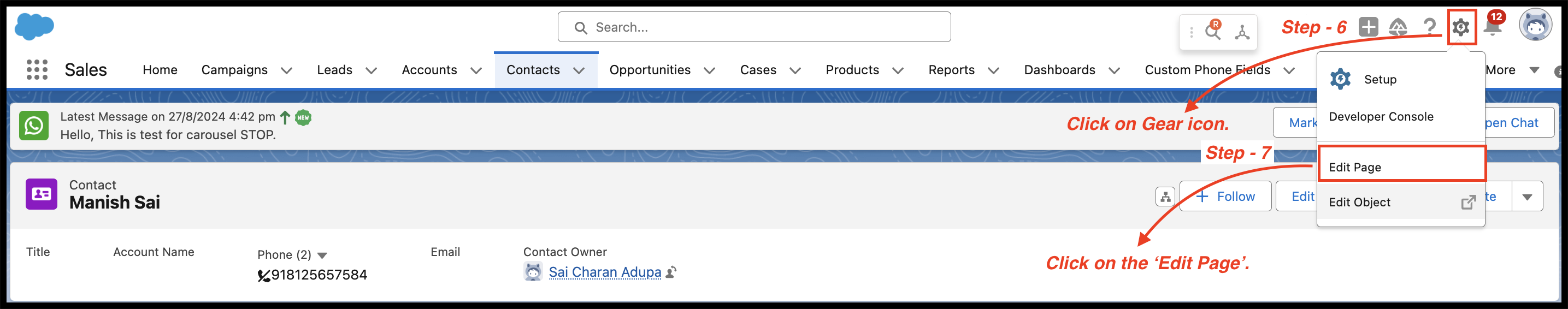 Salesforce Contact record page with the gear icon menu open, showing Setup, Developer Console, Edit Page, and Edit Object, with Edit Page highlighted.