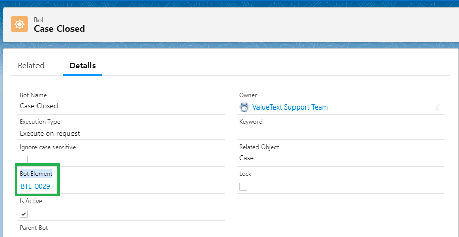 Salesforce Bot detail page for the
