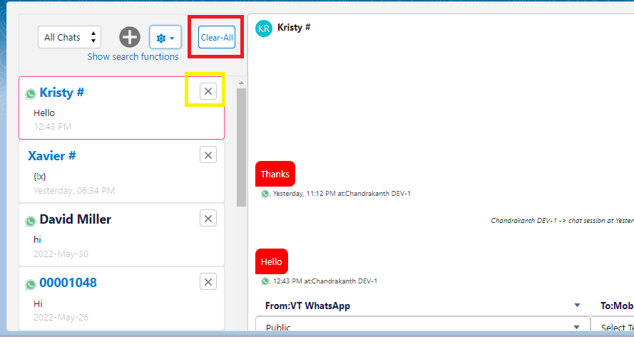 Big Chat Console with the close (X) icon on the Kristy chat row highlighted in yellow, used to ignore that single chat.