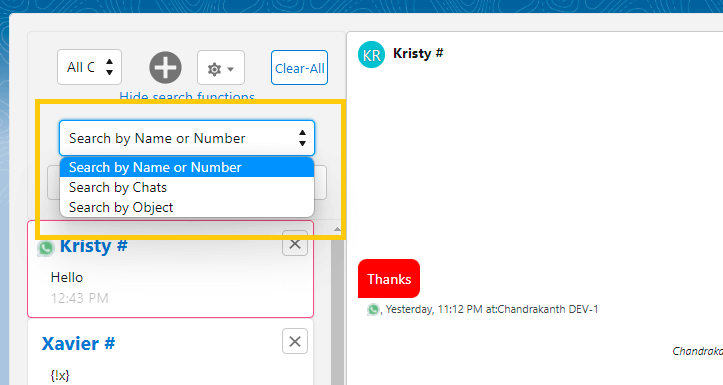 Big Chat Console search dropdown expanded to show Search by Name or Number, Search by Chats, and Search by Object, with Search by Name or Number currently selected.