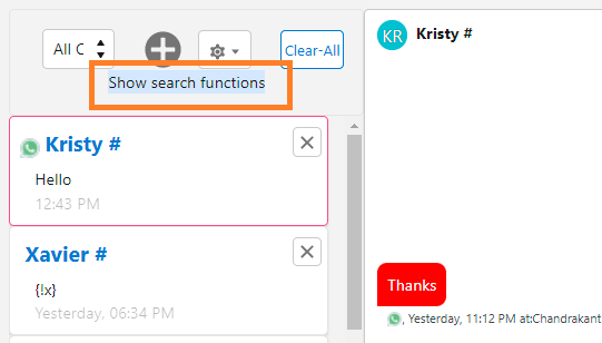 Big Chat Console with the Show Search Functions link highlighted above the Kristy chat row.