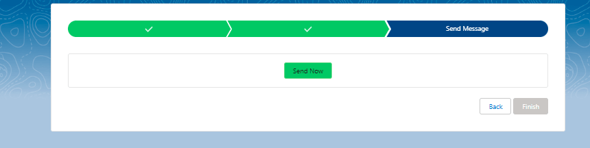 Bulk Messages From CSV screen on the Send Message step, with the first two steps marked complete and a Send Now button.