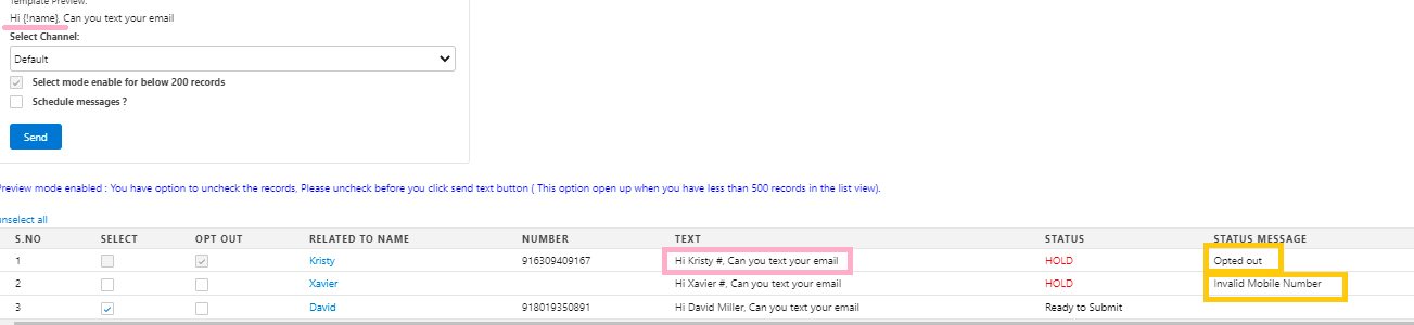 Salesforce bulk messaging preview table listing records with their text, status, and status message, showing a HOLD status for an opted-out record and for a record with an invalid mobile number.