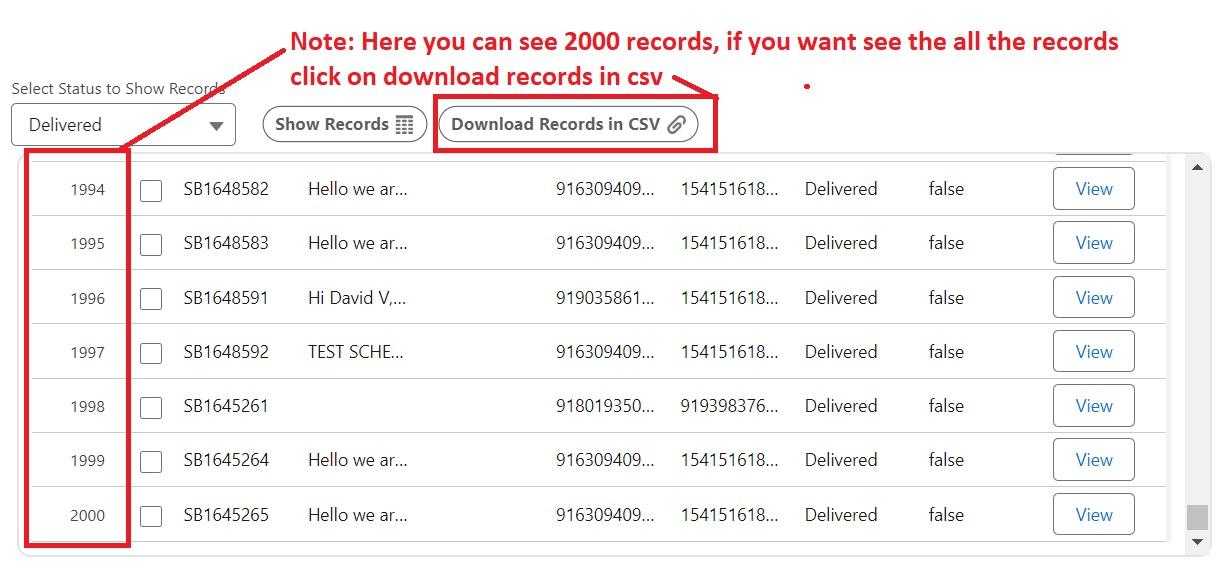 A Workflow Schedule record list scrolled to rows 1994 through 2000, with the Select Status to Show Records dropdown set to Delivered and the Download Records in CSV button above the table.