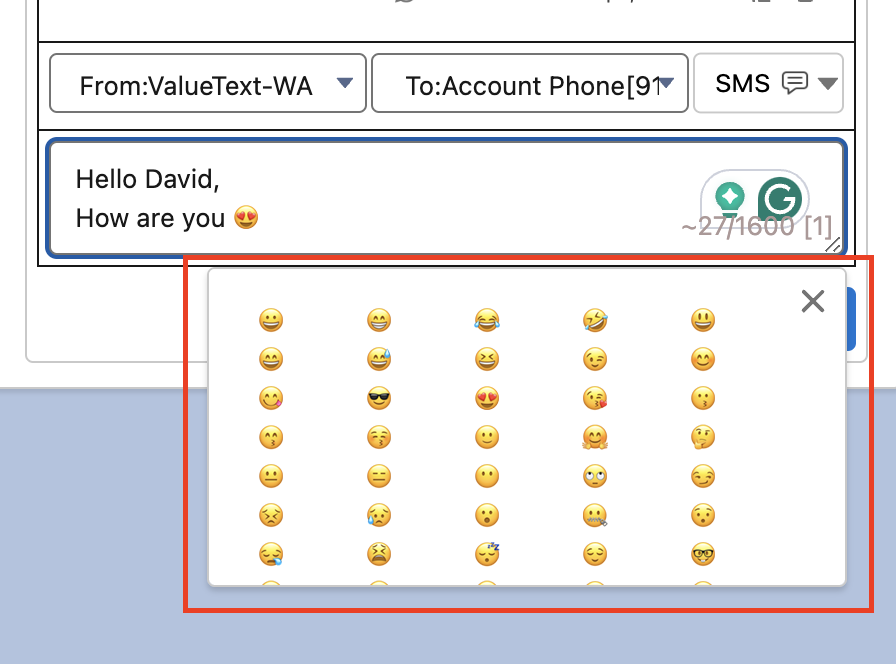 Mini Chat Console message box with an emoji already inserted in the draft text and the emoji picker grid open below it.
