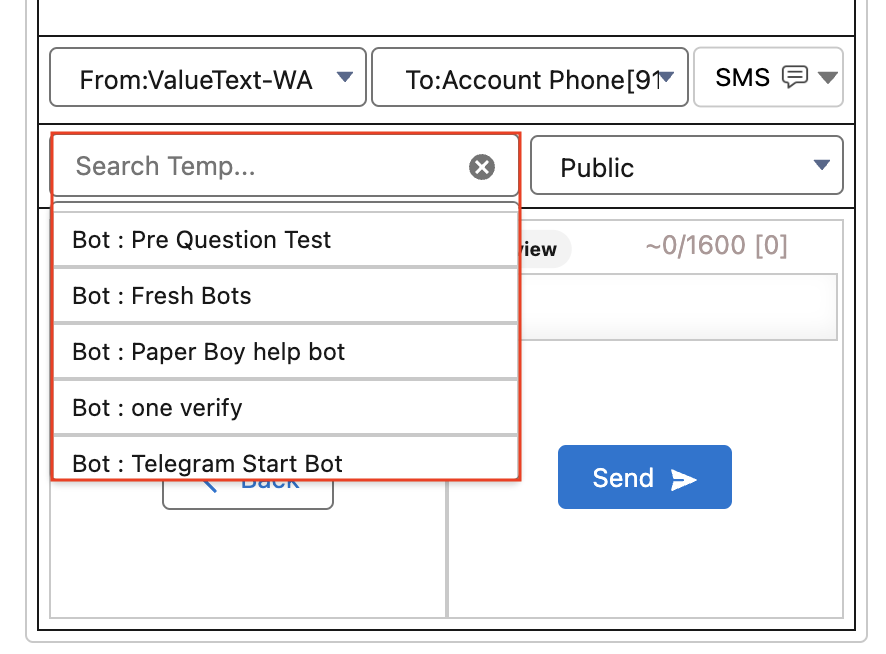 Mini Chat Console template search box with a list of approved templates, such as Bot: Pre Question Test and Bot: Fresh Bots, required to open an inactive session.