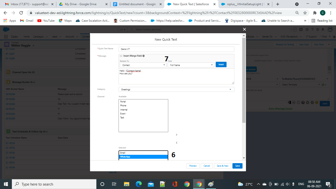 New Quick Text creation screen with the Quick Text Name field, a message box with Insert Merge Field controls, and the Channel picklist with WhatsApp moved into the Selected list.