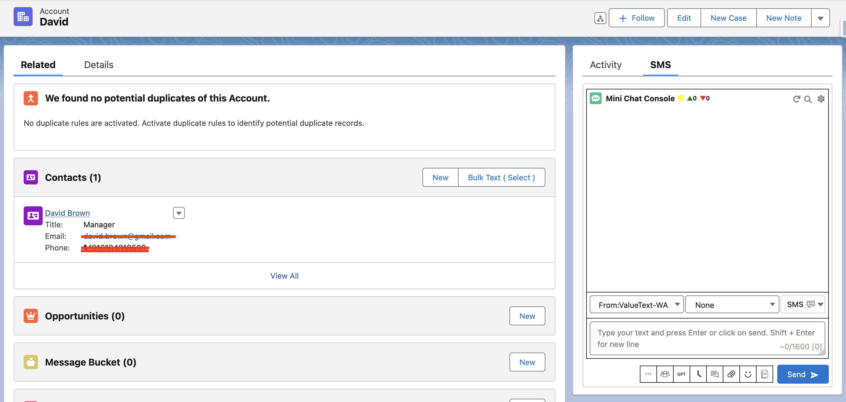 Salesforce Account record page with the Related tab open and the Mini Chat Console panel on the right, showing the SMS tab, a From ValueText-WA field, a To field, and a Send button.
