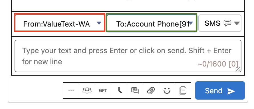 Mini Chat Console with the From ValueText-WA sender field and the To Account Phone recipient field highlighted above the message text box and Send button.