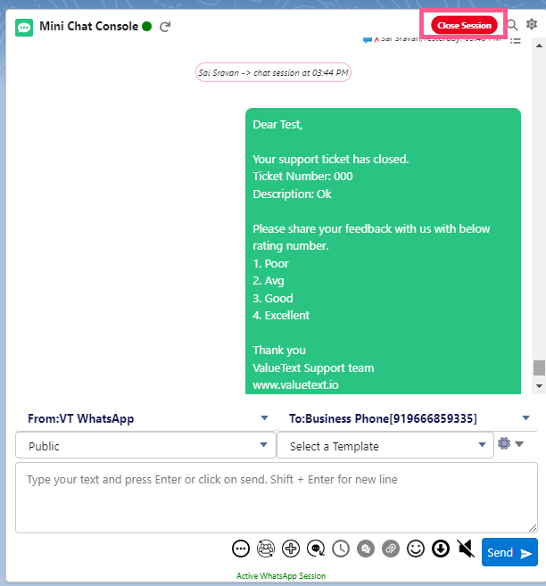 Mini Chat Console showing an active WhatsApp session with the Close Session button highlighted in the top right corner.