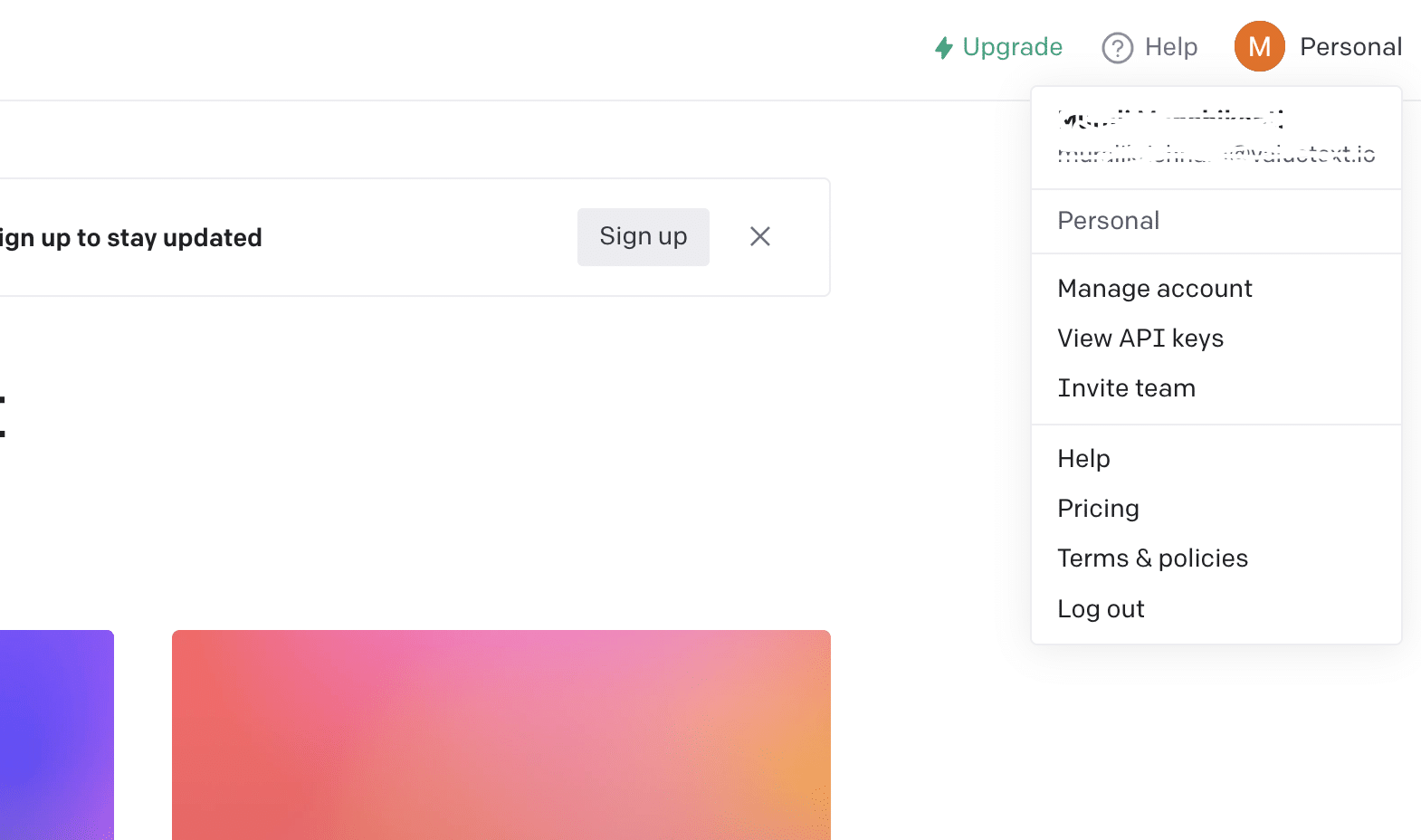 OpenAI account dropdown menu with Manage account, View API keys, and Invite team listed above Help, Pricing, Terms & policies, and Log out.