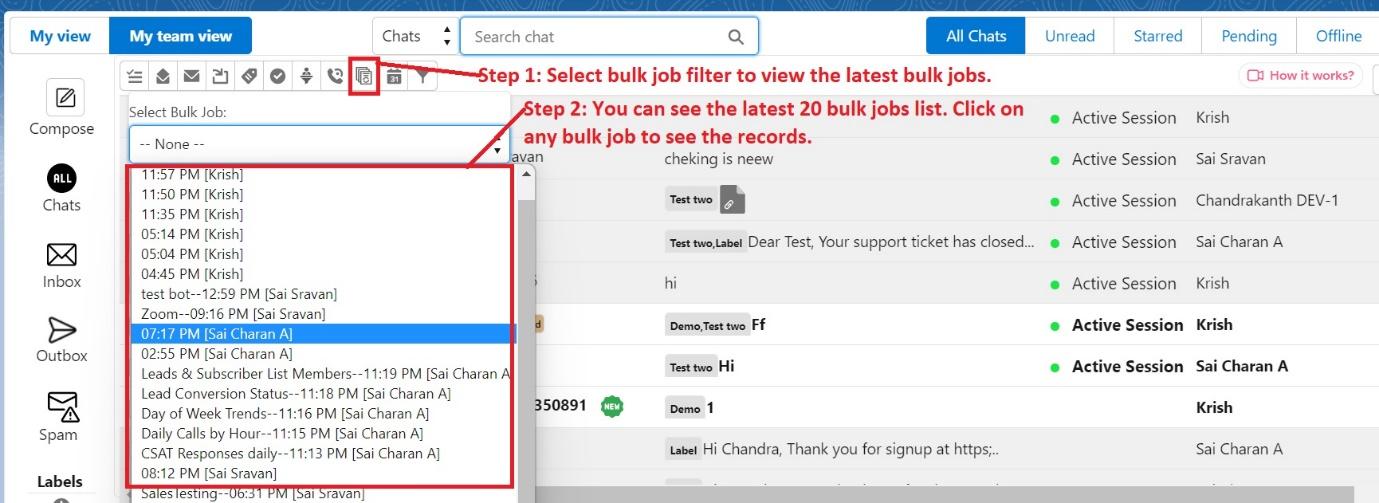 Converse View toolbar with the Select Bulk Job dropdown open, listing recent bulk jobs by time and sender, annotated Step 1: Select bulk job filter to view the latest bulk jobs and Step 2: You can see the latest 20 bulk jobs list, click on any bulk job to see the records.