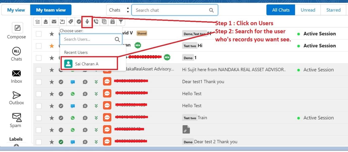 Converse View toolbar with the Choose Users filter open, showing a user search box and Sai Charan A listed under Recent Users, annotated Step 1: Click on Users and Step 2: Search for the user whose records you want to see.
