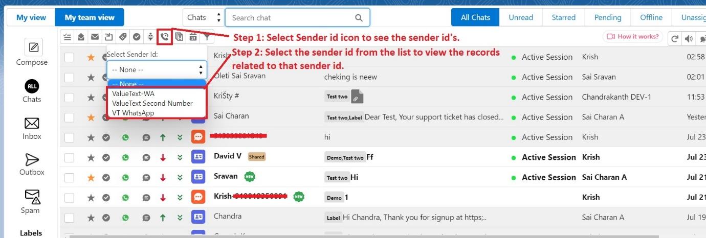 Converse View toolbar with the Sender Id filter open, listing ValueText-WA, ValueText Second Number, and VT WhatsApp, annotated Step 1: Select Sender id icon to see the sender id's and Step 2: Select the sender id from the list to view the records related to that sender id.