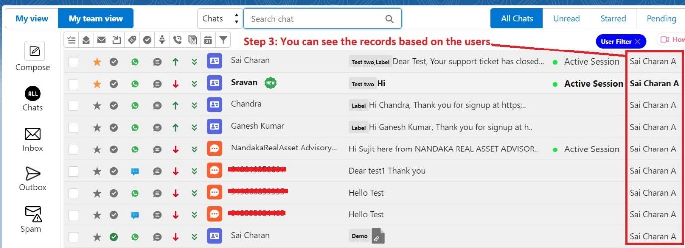 Converse View chat list filtered by user, with a blue User Filter tag next to the search bar and the Sai Charan A column highlighted on every row, annotated Step 3: You can see the records based on the users.