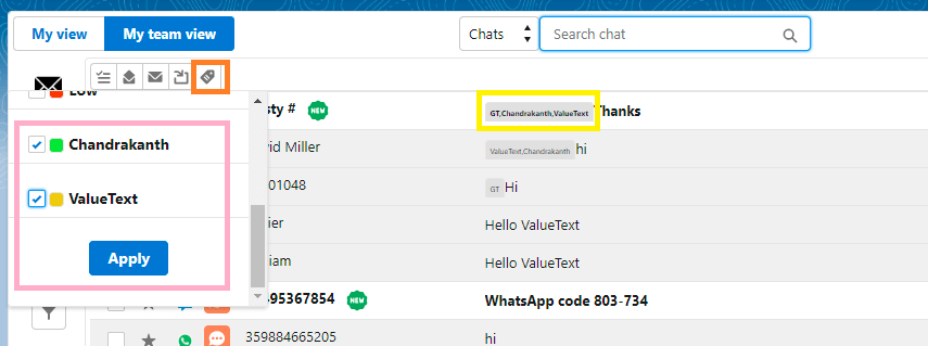 Add label popup in Converse View listing two labels with checkboxes and an Apply button, with the applied labels shown on the chat row.