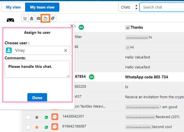 Assign to user popup in Converse View with a user chosen, a comments field filled in, and a Done button.