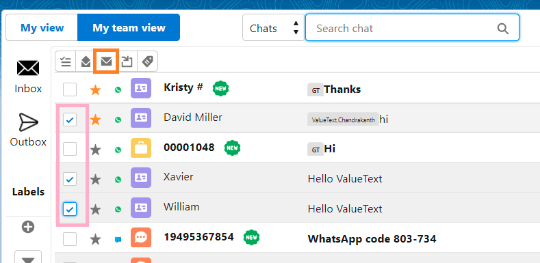 Converse View chat list with two chat rows checked and the Mark as unread icon highlighted in the toolbar.