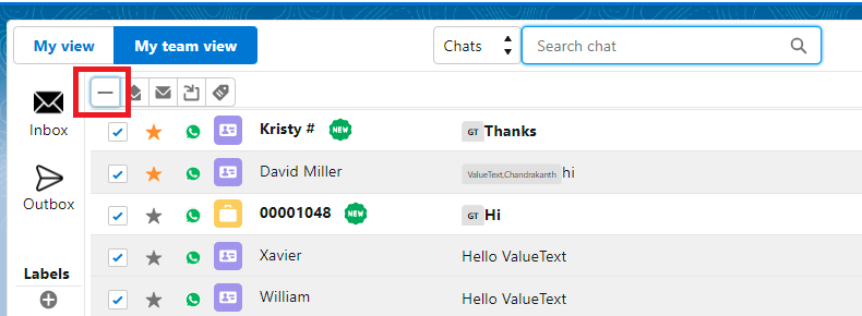 Converse View chat list with the select/unselect icon highlighted above a column of checked chat rows.