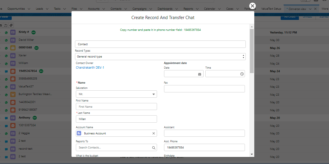 Create Record And Transfer Chat popup for a Contact record, with the phone number note at the top and Name, Account Name, and Appointment date fields below.