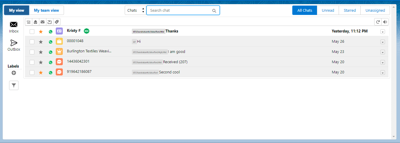 Converse View screen in Salesforce with My view selected, Inbox open on the left, and a list of chats showing star, channel, contact name, and last message columns.