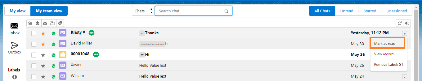 Converse View chat row dropdown with Mark as read highlighted above View record and Remove Label options.