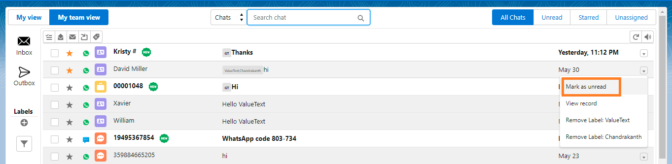 Converse View chat row dropdown with Mark as unread highlighted above View record and two Remove Label options.