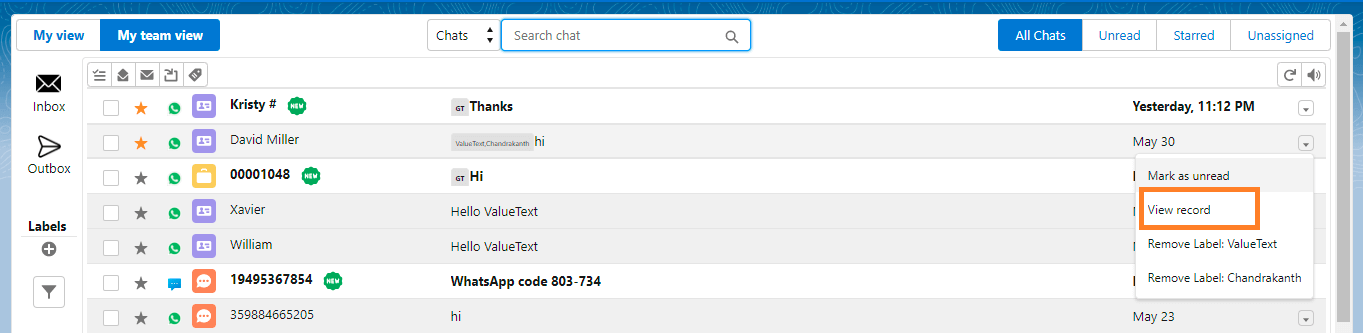 Converse View chat row dropdown with View record highlighted, shown when the chat is already linked to a record.