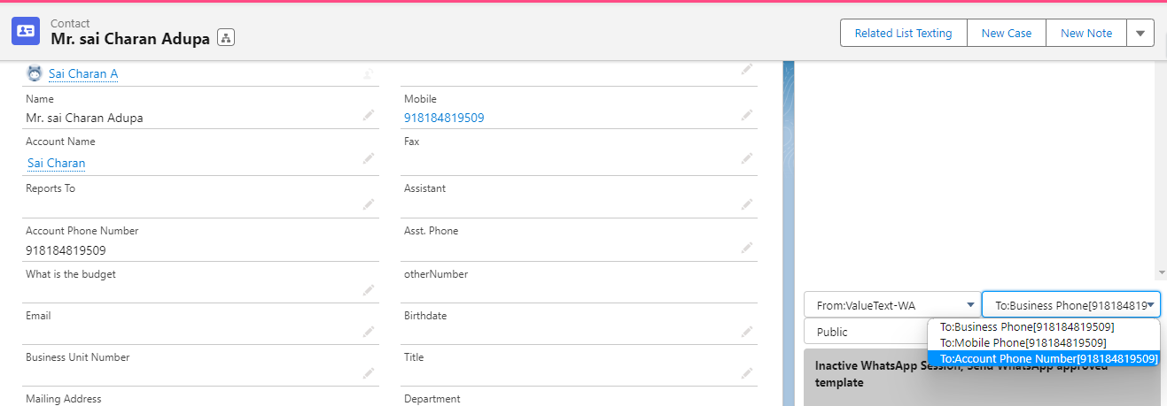 Salesforce Contact record page with the chat console open on the right, showing the To field dropdown expanded with Business Phone, Mobile Phone, and Account Phone Number listed as available send-to options.