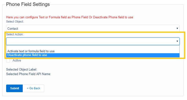 Salesforce Phone Field Settings screen with Select Object set to Contact and the Select Action dropdown open, showing Deactivate phone field to use highlighted for selection.