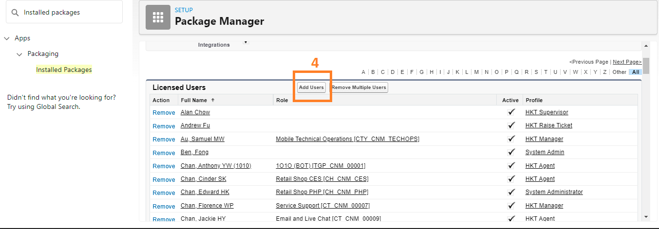 Package Manager Licensed Users list showing existing licensed users with the Add Users button highlighted above the table.