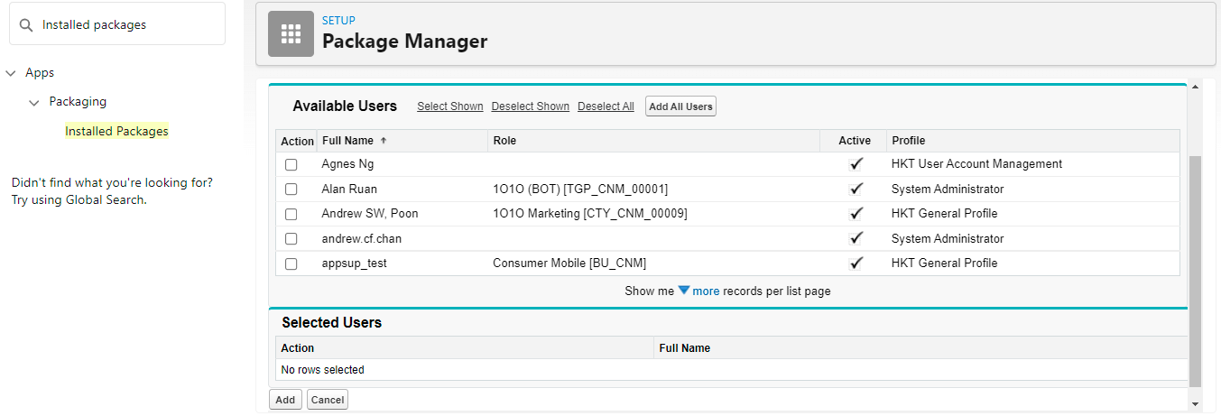 Package Manager Available Users list with checkboxes beside each user name and an Add button below the Selected Users table.