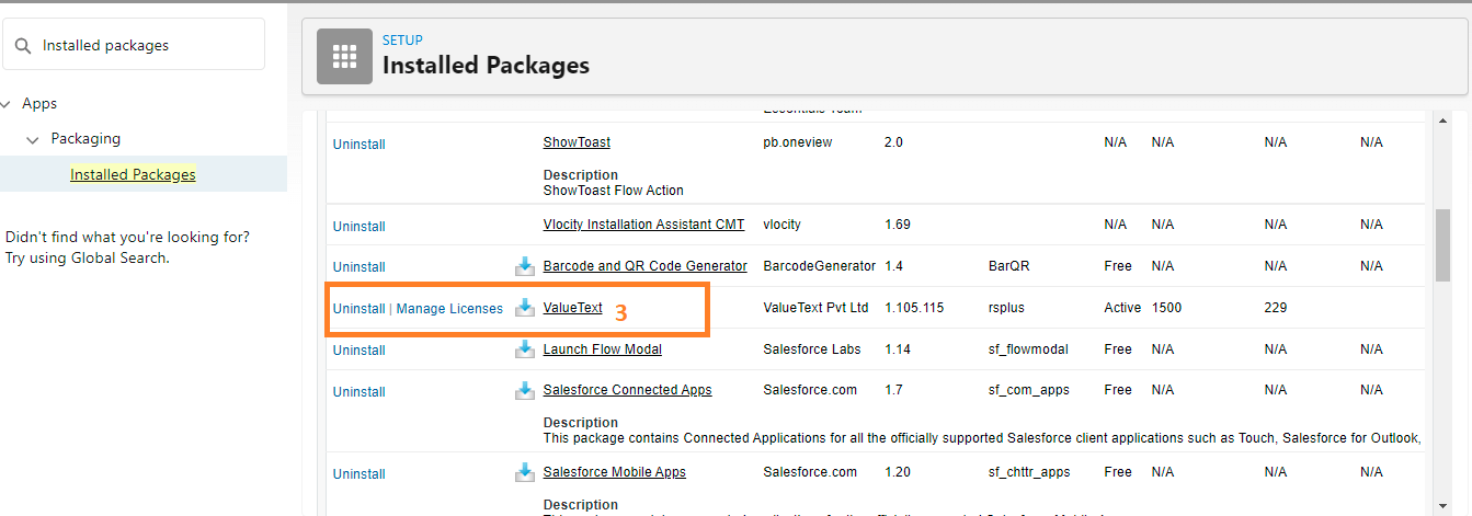 Setup Installed Packages list with the ValueText row highlighted, showing the Manage Licenses link next to Uninstall, license status Active, 1500 total licenses, and 229 used.