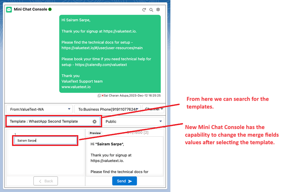 Mini Chat Console after selecting a WhatsApp template, showing the template name field, an editable merge field value, and a live preview of the message before sending.