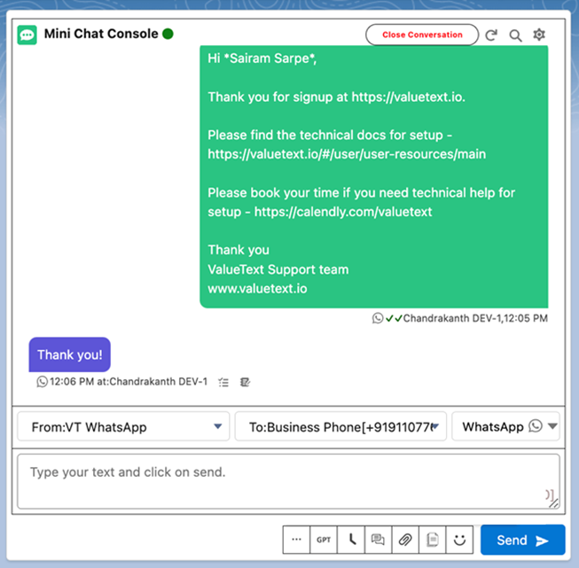 Refreshed Mini Chat Console showing an open WhatsApp conversation with an outbound message bubble, a customer reply, the From, To, and Channel dropdowns, and the message composer with a Send button.
