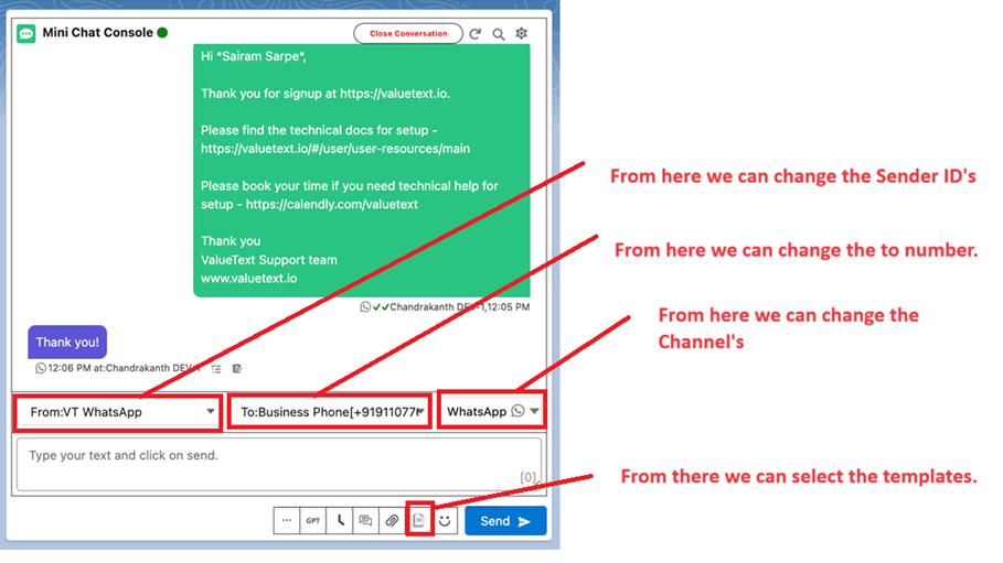 Mini Chat Console with red callouts pointing to the From dropdown for the Sender ID, the To field for the phone number, the Channel dropdown, and the template icon used to select a template.