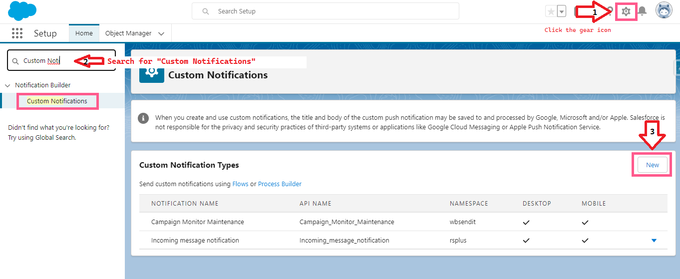 Salesforce Setup page for Custom Notifications, with the gear icon, the Custom Notifications search result, and the New button highlighted, and an existing