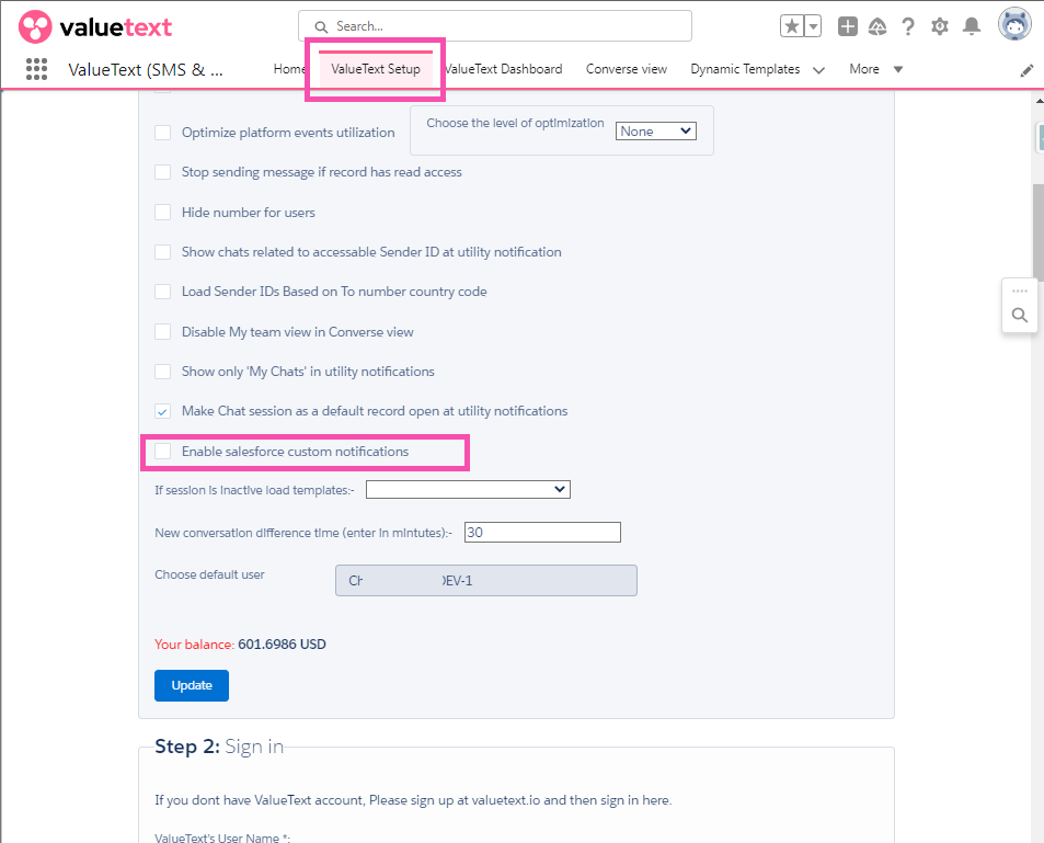 ValueText Setup tab in Salesforce with the