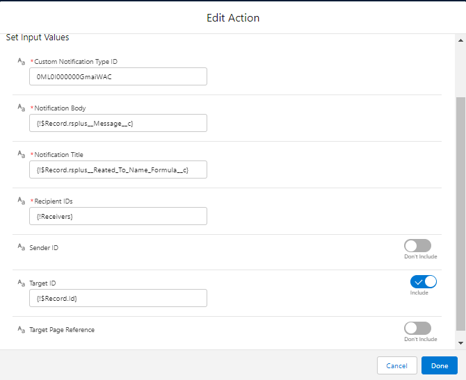Edit Action dialog for the flow's Notifications action, with Custom Notification Type ID, Notification Body, Notification Title, and Recipient IDs filled in, and Target ID toggled to Include.