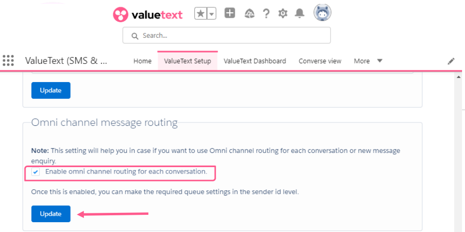 ValueText Setup screen showing the Omni channel message routing section, with the Enable omni channel routing for each conversation checkbox checked and an arrow pointing to the Update button.