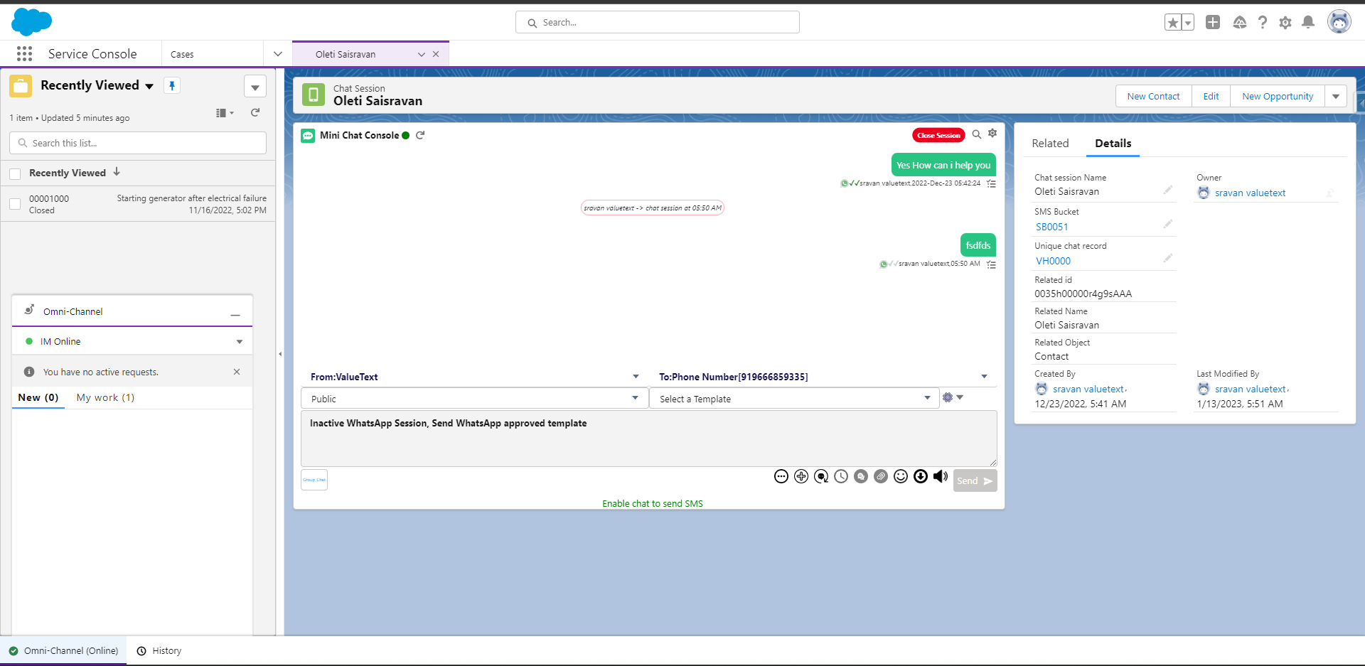 Salesforce Service Console with the Mini Chat Console open on a Chat Session record, showing the message thread, a template selector, and the record's related Details panel.