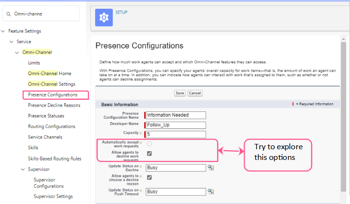 Presence Configuration edit screen named Information Needed, with the Allow agents to decline work requests checkbox checked and highlighted.