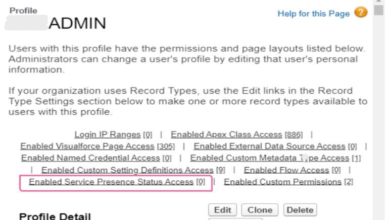 Salesforce profile detail page for the ADMIN profile, with the Enabled Service Presence Status Access link highlighted.