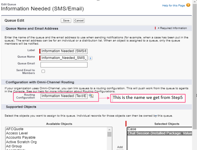 Queue Edit screen for the Information Needed (SMS/Email) queue, with the Routing Configuration field pointing to the routing configuration from the previous step and Chat Session added to the Selected Objects list.