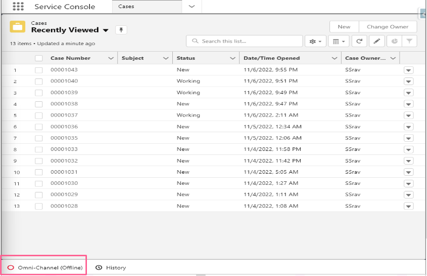 Salesforce Service Console Cases list view with the Omni-Channel widget collapsed at the bottom left, showing Omni-Channel (Offline).