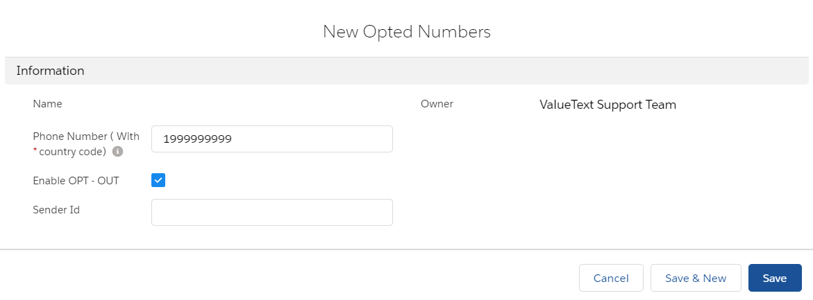 Salesforce New Opted Numbers record form with a Phone Number field, an Enable OPT-OUT checkbox checked, and a Sender Id field.