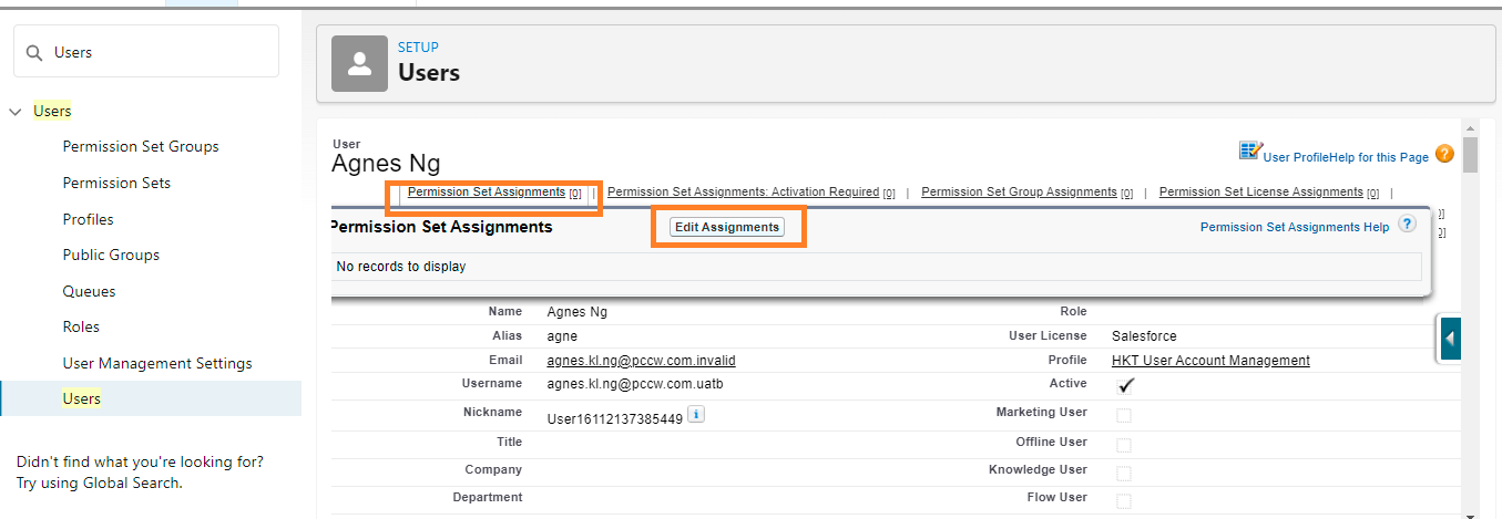 Salesforce user detail page, with the Permission Set Assignments tab and the Edit Assignments button both highlighted.