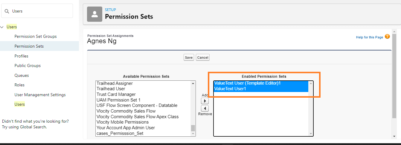 Salesforce Permission Set Assignments edit screen, showing ValueText User and ValueText User (Template editor) selected in the Enabled Permission Sets list, with Save and Cancel buttons above.