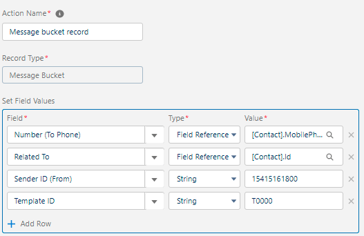 Salesforce Process Builder Set Field Values screen for a Message bucket record action, with Number (To Phone) and Related To set to Field Reference values, and Sender ID (From) and Template ID set to string values like a phone number and template code T0000.