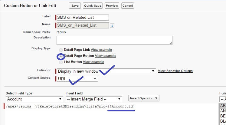 Salesforce Custom Button or Link Edit screen with Label set to SMS on Related List, Detail Page Button selected as the display type, Behavior set to Display in new window, Content Source set to URL, and the formula window containing /apex/rsplus__VtRelatedListSMSsendingVfLite?pid={!Account.Id}.